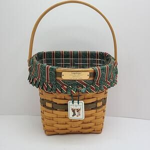 1998 Longaberger Glad Tidings Basket green stripe ruffle liner Christmas Tie On